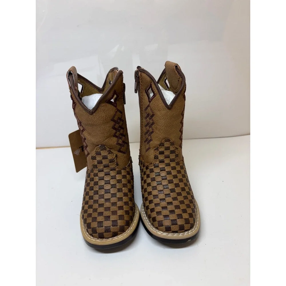 Twister Toddler Brown Woven Checkerboard Square Toe Cowboy Boots 443000292-05 5